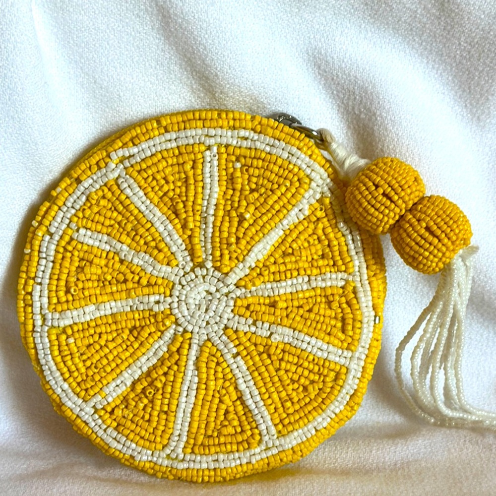 🍋Made in India Yellow Beaded Citrus Coin Purse